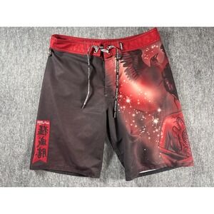 Affliction Mens Board Shorts Black Red Tattoo Graphic Crow Skull Swim Trunks